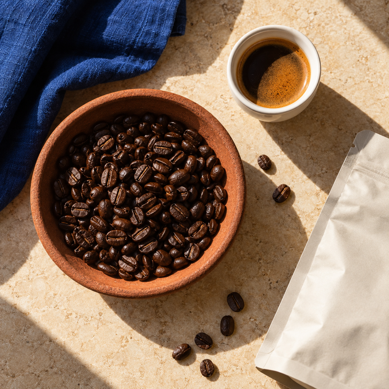 Coffee beans, a cup and blue linen on a stone table